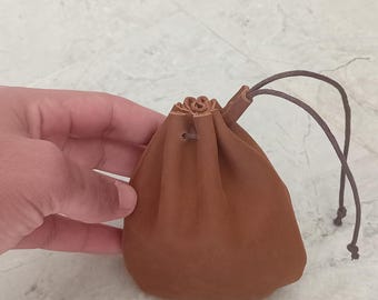 Brown Handmade Leather Dice Bag – Drawstring Pouch for Jewelry, Crystals & Accessories
