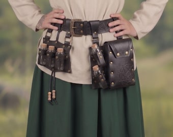 Black Medieval Leather Belt Pouch with Potion Bottles for Renaissance Cosplay Costume