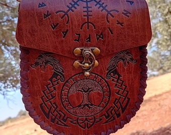 Viking Leather Belt Pouch: Norse Dragon & Tree of Life - LARP Cosplay