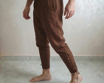 Medieval Renaissance LARP Pirate Pants – High Waist Cotton Linen Viking Cosplay Trousers with Lace-Up Leg