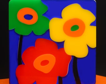 Flower painting for colorful interior decoration in plexiglass, original handmade wall art for the home