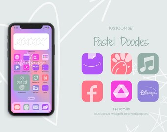 Conjunto de iconos de la aplicación iOS para iPhone con diseño de garabatos pastel