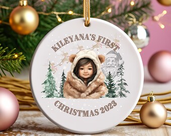 Personalized Christmas Ornament, Christmas Decoration, New Baby Christmas Gift, Girl with Santa and Reindeer