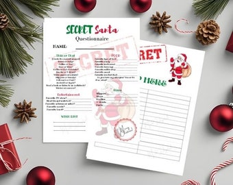 Secret Santa Bundle Includes Sign Up Sheet, Questionnaire & Name Card for Office Work Family Instant Download PDF files