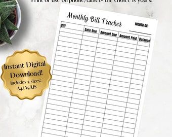 Monthly Bill Tracker Printable Simple | Bill Payment Tracker  | Budget Planner | A4 A5 US Letter | Instant Download