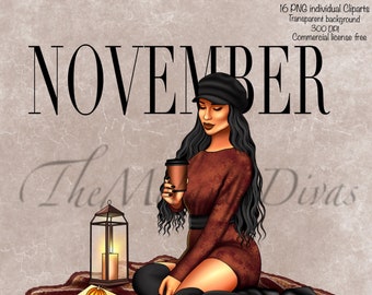 Fall Fashion Black Woman Clipart: Autumn Theme PNG (Digital Download)