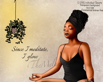 Black Girl Yoga Clipart: Meditation Lotus Pose (PNG Files)