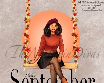 Fall Fashion Black Woman Clipart: 24 PNG Stickers (Digital Download)