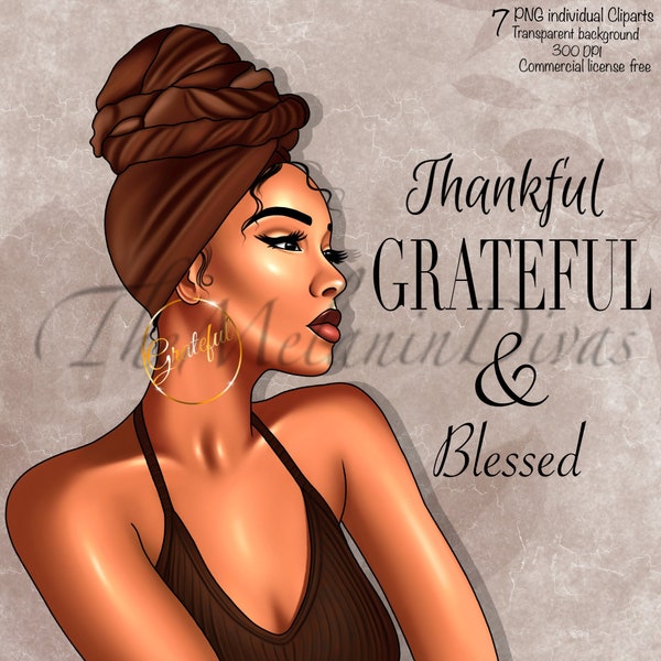 Black girl Clipart, black woman clipart, black girl gratitude Clipart, black girl motivational clipart, African American woman in head wrap