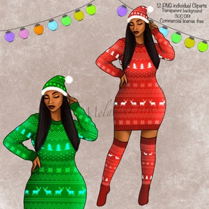 Weihnachtsmädchen Clipart, Schwarzes Mädchen Im Weihnachtsoutfit, Schwarzes Mädchen im Weihnachtsoutfit, schwarze Frau Weihnachtsmode