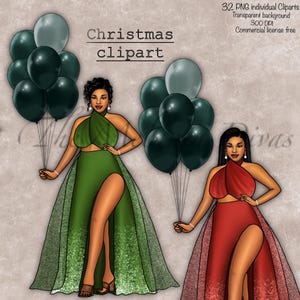 Clipart Noël fille noire, clipart tenue de Noël fille noire, fille noire en tenue scintillante, clipart mode fille noire, femme noire png