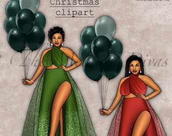 Black Girl Christmas Clipart: Shimmer Outfit Fashion (PNG)