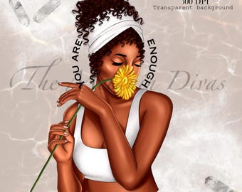 Clipart ragazza girasole: illustrazione di moda ragazza nera (file PNG, 300 DPI)