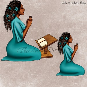 May include: Two illustrations of a woman kneeling in prayer, one with a book on a stand and one without. Both women are wearing a teal dress and have brown hair with blue flowers.
