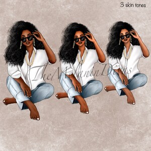 May include: Three digital illustrations of a woman with curly black hair wearing a white button-down shirt, blue jeans, gold hoop earrings, gold sunglasses, and a gold chain necklace. The woman is sitting with her legs crossed and her hands on her knees. The background is a light brown colour.