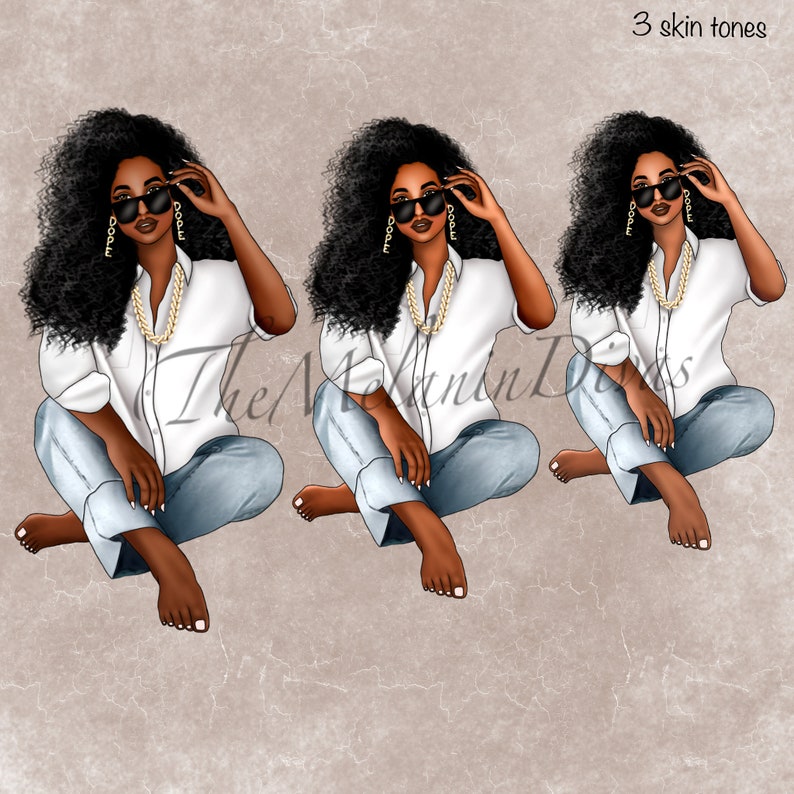 May include: Three digital illustrations of a woman with curly black hair wearing a white button-down shirt, blue jeans, gold hoop earrings, gold sunglasses, and a gold chain necklace. The woman is sitting with her legs crossed and her hands on her knees. The background is a light brown colour.