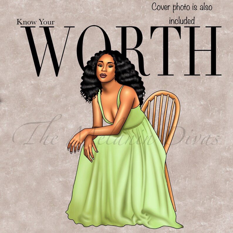 Op de afbeelding: Een digitale illustratie van een vrouw met donker krullend haar die een lichtgroene jurk draagt en op een houten stoel zit. De achtergrond is lichtbruin met de tekst "Know Your WORTH" in zwarte letters.