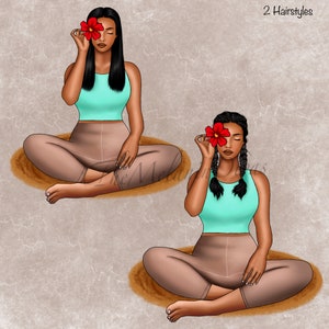 May include: Two women with brown skin are sitting in a yoga pose on a brown background. Both women are wearing a turquoise tank top and brown leggings. The woman on the left has long black hair and is holding a red flower in front of her face. The woman on the right has her hair in two braids and is also holding a red flower in front of her face. The text "2 Hairstyles" is in the top right corner of the image.