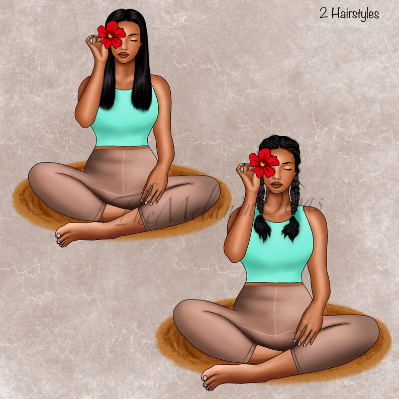 May include: Two women with brown skin are sitting in a yoga pose on a brown background. Both women are wearing a turquoise tank top and brown leggings. The woman on the left has long black hair and is holding a red flower in front of her face. The woman on the right has her hair in two braids and is also holding a red flower in front of her face. The text "2 Hairstyles" is in the top right corner of the image.