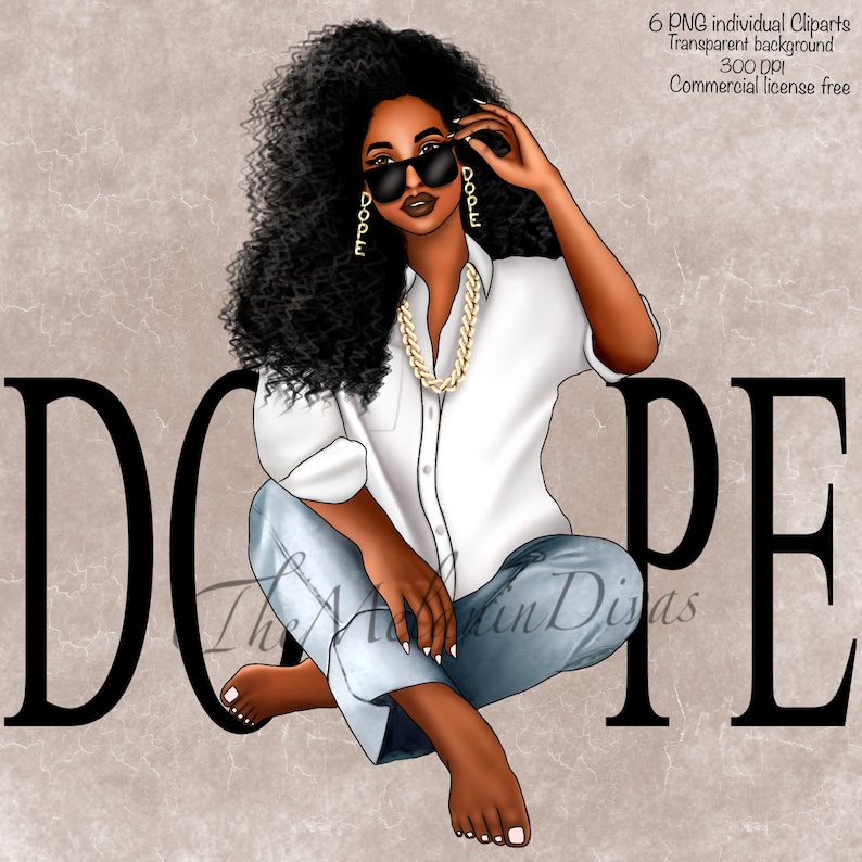 May include: A digital illustration of a woman with long black hair wearing a white shirt, blue jeans, sunglasses, and gold jewellery. The word "DOPE" is written in large black letters behind her.