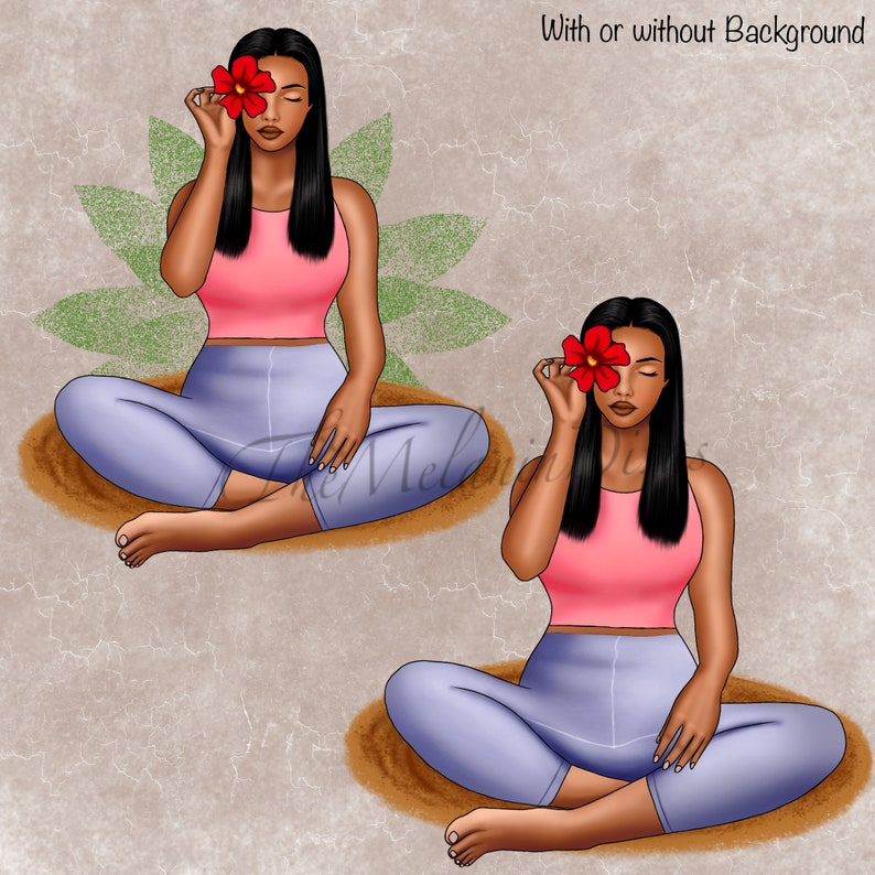 May include: Two women are sitting cross-legged with their eyes closed. They are both wearing pink tank tops and blue pants. Each woman is holding a red flower in front of their face. The background is a light brown with a green floral design.