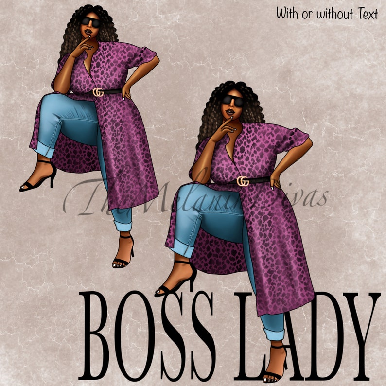 Może przedstawiać: Dwie ilustracje kobiety w fioletowej sukience w panterkę z czarnym paskiem, niebieskich dżinsach i okularach przeciwsłonecznych. Tekst "BOSS LADY" znajduje się na dole obrazu.