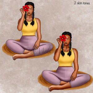 May include: Two illustrations of a person sitting in a yoga pose with their legs crossed. Both people are wearing a yellow tank top and purple leggings. One person has brown skin and the other has darker brown skin. Both people are holding a red flower in front of their face.