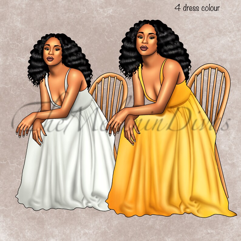 Op de afbeelding: Twee vrouwen met lang, krullend zwart haar zitten op stoelen en dragen lange jurken. Een vrouw draagt een witte jurk en de andere een gele jurk. De tekst "4 dress colour" is zichtbaar in de rechterbovenhoek van de afbeelding.