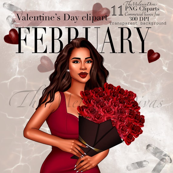 Black Woman Valentine's Day Clipart: Red Rose Bouquet (PNG)