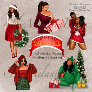 Vorteilspack Weihnachten, Clipart Weihnachten, schwarzes Mädchen Weihnachts Clipart, Paar Weihnachtscliparts, Weihnachten Aufkleber/PNG, Weihnachtsgeschenke/Karte