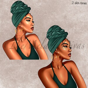 Op de afbeelding: Twee digitale illustraties van vrouwen met een donkere huidskleur die groene hoofddoeken en bijpassende groene tanktops dragen. Beide vrouwen dragen grote gouden oorringen.