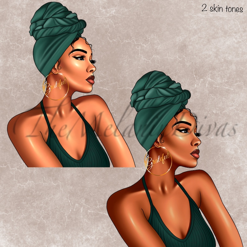 Op de afbeelding: Twee digitale illustraties van vrouwen met een donkere huidskleur die groene hoofddoeken en bijpassende groene tanktops dragen. Beide vrouwen dragen grote gouden oorringen.
