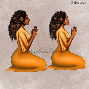 May include: Two digital illustrations of women with brown curly hair wearing yellow dresses and praying with their hands clasped together. The women have different skin tones.