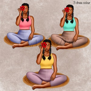 May include: Three illustrations of a woman sitting in a yoga pose with a flower behind her eye. The women are wearing different colored tank tops: pink, turquoise, and yellow. Each woman is wearing a pair of leggings in a different color: blue, brown, and purple.