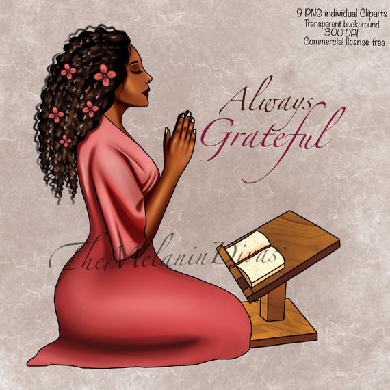 Praying Black Woman Clipart: Gratitude Art (PNG Files)
