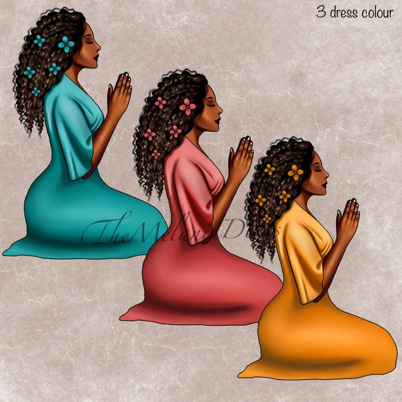 May include: Three women with brown curly hair are kneeling and praying. They are wearing dresses in turquoise, coral, and yellow.