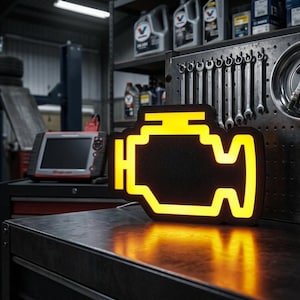 Könnte beinhalten: Ein schwarz-gelbes, beleuchtetes Motorleuchten-Schild, das üblicherweise in der Kfz-Reparatur verwendet wird. Das Schild steht auf einer Werkbank in einer Garage, im Hintergrund sind Werkzeuge und Geräte zu sehen. Das Schild ist etwa 30 cm breit.