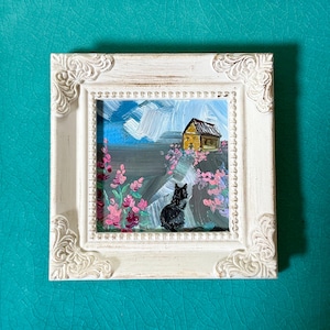 Mini framed original oil painting, Black cat in front of farmhouse, 3”x3”, hand painted (not a digital print)
