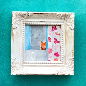Orange cat in bathtub, mini oil painting, 3x3, hand painted, framed