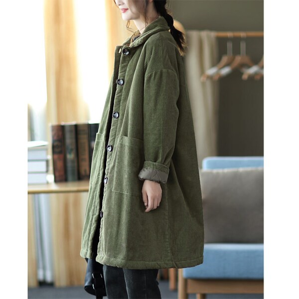 Winter Thick Corduroy Long Coat Mid-length Large Size Warm Jacket Ladies Corduroy Windbreaker Large Size Corduroy Handmade Trench Coat main image 1