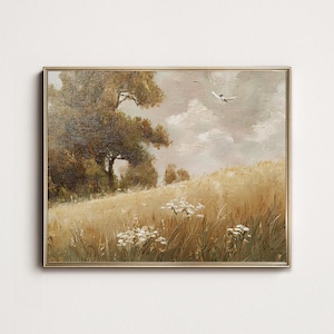 Neutral Meadow Landscape Print: Vintage Farmhouse Wall Art (Digital Download)