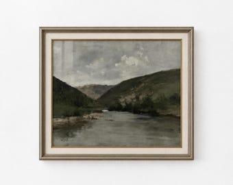 Moody River Valley Print, Foggy Riverside Landscape, Classic Wall Art, Living Room Wall Decor