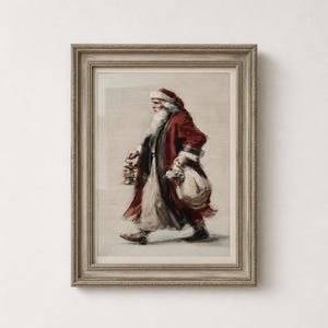Dipinto ad olio di Babbo Natale con lunga veste rossa, che cammina con sacco e lanterna (download digitale)