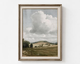 Rural Spring Landscape Printable Wall Art, Farmhouse Decor Vintage Countryside Pastoral Scene (Digital Download)