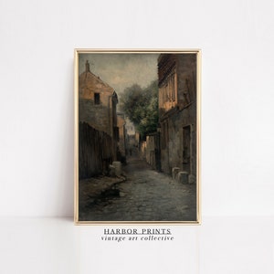 Moody Village Oil Painting, Vintage Cottage Print, Antique Wall Art, Digital Download Print