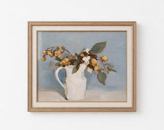 Rustic White Pitcher Print, Earthy Floral Still Life, Timeless Home Decor, Kitchen Wall Art