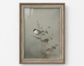 Rustikale Meise auf Zweig Druck, Vintage Vogel Malerei, Kinderzimmer Wanddeko