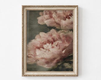 Antique Pink Peony Wall Art, Vintage Floral Oil Painting, Bedroom Wall Decor