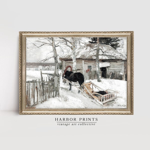 Snowy Scene Winter Oil Painting, Christmas Wall Art, Farmhouse Decor, Digital Download Printable