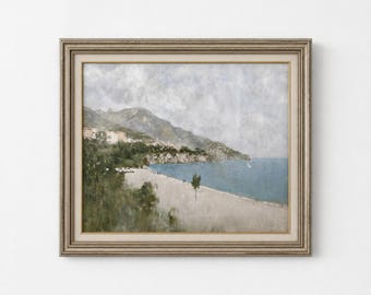 Vintage Coastal Beach Scene Print, Impressionistic Seascape Wall Art (Digital Download)